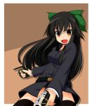  alternate_costume black_hair black_legwear bow explosive grenade gun hair_bow pistol reiuji_utsuho smile solo taiyou89 thigh-highs thighhighs touhou weapon 