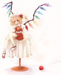  apple ascot blonde_hair flandre_scarlet food fruit hat hat_ribbon looking_at_viewer on_table red_eyes ribbon side_ponytail skirt smile solo table touhou tsukasa_kinako wings 