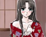  boribeya fate/stay_night fate_(series) hair_down japanese_clothes kimono lowres off_shoulder tohsaka_rin toosaka_rin 