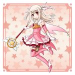  ankle_wings boots cape dress earrings elbow_gloves fate/kaleid_liner_prisma_illya fate_(series) gloves illyasviel_von_einzbern jewelry knee_boots long_hair magical_girl pouch prisma_illya red_eyes ria_(arinakanomiu) smile solo thigh_strap wand white_hair 