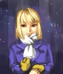  arcueid_brunestud blonde_hair coat drawfag hand_holding holding_hands mittens night night_sky pov red_eyes scarf short_hair sky smile solo tsukihime winter_clothes 