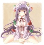  :o blush bow breasts character_name crescent hair_bow hat large_breasts long_hair looking_at_viewer patchouli_knowledge purple_eyes purple_hair sitting solo touhou utsurogi_angu vertical_stripes violet_eyes wariza 