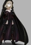  boots breasts cape caster caster_(cosplay) cleavage dress earrings elbow_gloves fate/stay_night fate_(series) frown garter_straps gloves high_heels highres hood jewelry ladymarta long_hair necklace pale_skin saber saber_alter shoes solo strapless_dress thigh-highs thigh_boots thighhighs veins what_if yellow_eyes 