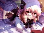  ayase_midori barefoot bespectacled blonde_hair book drill_hair glasses light_particles looking_at_viewer luna_child lying on_stomach open_mouth reading smile solo touhou window_shade 