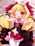  ;d armpits arms_up blonde_hair blush demon_tail dragon_guild fang hair_ornament hair_ribbon heart long_hair looking_at_viewer navel open_mouth pink_eyes pointy_ears ribbon ringo_yuyu skirt smile solo tail thigh-highs thighhighs twintails watermark white_legwear wink wrist_cuffs wrist_ribbon 