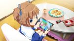  1girl brown_hair cookie cup food hair_ribbon hair_ribbons highres looking_at_viewer looking_back madobe_yuu microsoft notebook os-tan ribbon sitting smile solo table tablet_pc 