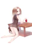  artist_name barefoot blonde_hair brown_eyes can dress holding kyouyama_anna mvv shaman_king short_hair solo table 