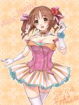  artist_name bare_shoulders blush breasts brown_eyes brown_hair cleavage dated elbow_gloves floral_background flower gloves hair_flower hair_ornament happy_birthday idolmaster idolmaster_cinderella_girls open_mouth short_twintails solo thigh-highs thighhighs totoki_airi twintails white_legwear 