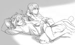  amami_haruka barefoot bed body_pillow eating electric_flower idolmaster kisaragi_chihaya long_hair lying monochrome multiple_girls pillow short_hair sleepwear snack wink yawning 