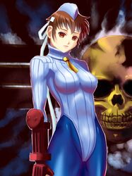  brown_eyes brown_hair edexigerero headband kasugano_sakura leotard long_sleeves mound_of_venus necktie pantyhose short_hair skin_tight skull solo standing street_fighter street_fighter_zero turtleneck 