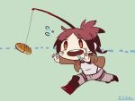  1girl artist_request boots bread chibi drooling fishing_rod food green_background jacket outstretched_hand running saliva sasha_browse shingeki_no_kyojin solo sweatdrop thigh_strap 