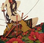  androgynous blue_eyes dutch_angle earrings flower hair_flower hair_ornament japanese_clothes jewelry katana long_hair male motune mouth_hold original seigaiha solo sword unmoving_pattern weapon 
