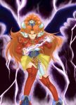  bat_wings boots breasts cleavage corset demon_girl earrings electricity grandia grandia_ii green_eyes hair_ornament jacket jewelry lightning long_hair millenia nakroom orange_hair signature skirt smile solo thigh-highs thighhighs wings 