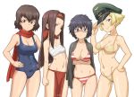  artist_request bikini black_hair blonde_hair breast_hold breasts brown_hair caesar_(girls_und_panzer) cleavage clothed_navel cowboy_shot erwin flat_chest fundoshi girls_und_panzer glasses hachimaki hand_on_hat hand_on_hip hands_on_waist haori hat headband jacket_on_shoulders japanese_clothes kimono large_breasts long_hair looking_at_viewer military_cap multiple_girls navel one-piece_swimsuit open_clothes open_kimono oryou_(girls_und_panzer) peaked_cap red-framed_glasses saemonza sarashi scarf school_swimsuit short_hair simple_background string_bikini striped striped_bikini striped_swimsuit swimsuit tenchisouha white_background 