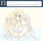  ahoge arm_around_waist babydoll bed bed_sheet bow breasts cleavage closed_eyes english eyes_closed fate/stay_night fate/unlimited_codes fate_(series) green_eyes hair_bow happy hug ladymarta multiple_girls saber saber_alter saber_lily silver_hair smile tumblr yellow_eyes 