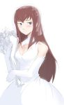  bare_shoulders blue_eyes bouquet breasts bridal_veil brown_hair cleavage cleavage_cutout drawfag dress elbow_gloves flower gloves long_hair makise_kurisu revision smile solo steins;gate veil wedding_dress white_dress white_gloves 