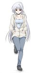  breasts hands_in_pockets highres hmx99_elf hoodie jeans long_hair lyrical_nanoha mahou_shoujo_lyrical_nanoha mahou_shoujo_lyrical_nanoha_a&#039;s mahou_shoujo_lyrical_nanoha_a's red_eyes reinforce silver_hair solo 