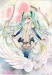  2012 artist_name bridal_gauntlets center_opening dated green_eyes green_hair hatsune_miku hatsune_miku_(append) heart long_hair miku_append mosho navel necktie solo thigh-highs thighhighs traditional_media twintails very_long_hair vocaloid vocaloid_append watercolor_(medium) wings 