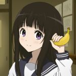  1girl banana banana_in_ear black_hair chitanda_eru cute dora_the_explorer food fruit holding holding_fruit hyouka indoors kyoto_animation light_smile long_hair looking_at_viewer lowres nickelodeon parody purple_hair school_uniform serafuku solo title_drop tokyo_mx waruiga 