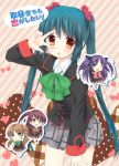  chibi chuunibyou_demo_koi_ga_shitai! extra green_hair haruno_(macoro) highres kawagoe_rei little_busters!! long_hair multiple_girls nakamura_yukari parody red_eyes sasasegawa_sasami school_uniform thighhighs translated v_over_eye watanabe_sakiko 