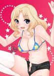  bikini blonde_hair blue_eyes blush breasts girls_und_panzer ichi_koichi kay_(girls_und_panzer) large_breasts long_hair looking_at_viewer open_fly open_mouth open_shorts shorts smile solo swimsuit thigh-highs thighhighs unzipped white_legwear 