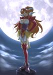  arcbuncle arcbunde boots breasts cleavage cloud corset earrings full_moon grandia grandia_ii green_eyes hair_ornament hands_on_hips jewelry large_breasts long_hair millenia moon night night_sky orange_hair red_legwear see-through skirt sky smile solo standing thigh-highs thighhighs 