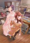  1girl brown_hair computer_keyboard dr._pepper facial_hair hands_in_pockets jacket labcoat legwear_under_shorts long_hair looking_back makise_kurisu monitor off_shoulder office okabe_rintarou okada_mao pantyhose perspective purple_eyes shorts steins;gate stubble violet_eyes 