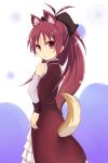  amano_(els573) animal_ears dog_ears dog_tail extra_ears highres kemonomimi_mode long_hair looking_at_viewer looking_back magical_girl mahou_shoujo_madoka_magica ponytail red_eyes red_hair redhead sakura_kyouko skirt solo tail 