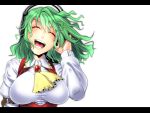  ascot breasts brooch bust closed_eyes eyes_closed green_hair head_tilt headphones highres jewelry kanna_koharu kazami_yuuka large_breasts letterboxed listening_to_music open_mouth short_hair simple_background solo teeth touhou vest white_legwear 
