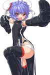  :d altines black_legwear blue_hair blush busou_shinki china_dress chinese_clothes dd_(artist) doll_joints double_bun open_mouth outstretched_arm panties pose red_eyes short_hair simple_background smile solo thigh-highs thighhighs underwear white_background white_panties 