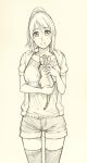  :d casual cat korisei monochrome open_hoodie open_mouth original ponytail shorts simple_background sketch smile thigh-highs thighhighs 