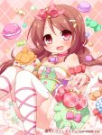  :d argyle argyle_background blush bow brown_hair candy dragon_guild dress hair_bobbles hair_bow hair_ornament holding jewelry long_hair looking_at_viewer macaron necklace open_mouth pink_hair ribbon_choker ringo_yuyu smile solo thigh-highs thighhighs twintails watermark white_legwear 