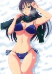  bikini black_eyes black_hair blue_bikini breasts breath highres large_breasts legs long_hair lying original scarf side-tie_bikini snow swimsuit thigh_gap thighs underboob wide_hips 