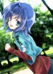  1girl :d androgynous blue_eyes blue_hair cardfight!!_vanguard looking_at_viewer male open_mouth photo_background sendou_aichi short_hair smile solo tsukasa_kinako 