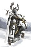  axe cape chainmail cross forest full_armor fur_cape gauntlets helm helmet hill holding knife nature original over_shoulder sheath sheathed shield snow solo teutonic_knights weapon weapon_over_shoulder yana_yana 