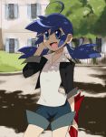  ahoge artrica bare_legs blue_eyes blue_hair casual contrapposto long_hair marinette_cheng miraculous_ladybug open_clothes open_jacket shadow shorts solo twintails umbrella 