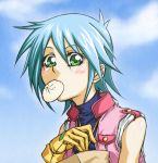  allenby_beardsley artist_request bag blue_hair blush bun cloud clouds food food_in_mouth g_gundam gloves green_eyes gundam highres looking_at_viewer meat_bun short_hair sky sleeveless solo vest 