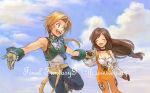  1boy 1girl anniversary bad_id bare_shoulders belt black_choker black_neckwear blonde_hair blouse blue_eyes blue_ribbon blue_sky bodysuit breasts brown_hair choker cleavage closed_eyes cloud clouds copyright_name couple final_fantasy final_fantasy_ix garnet_til_alexandros_xvii gloves hand_holding happy holding_hands konatsu_(tomatica) long_hair long_sleeves low-tied_long_hair open_mouth orange_bodysuit outdoors outstretched_arms pendant ponytail ribbon sky sleeveless teeth title_drop white_blouse wrist_cuffs zidane_tribal 