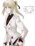  alternate_costume black_shirt blood bloody_clothes english fate/stay_night fate/zero fate_(series) formal gloves hair_ribbon ladymarta long_hair necktie pale_skin pant_suit ponytail ribbon saber saber_alter shirt solo suit veins white_gloves white_suit yellow_eyes 