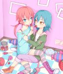  2boys aqua_hair blue_eyes boots candy cat inazuma_eleven_(series) inazuma_eleven_go kariya_masaki kirino_ranmaru lollipop male multiple_boys open_clothes open_jacket open_mouth pink_hair rabbit riyu_(yulevy) sitting striped striped_legwear stuffed_toy thighhighs trap twintails yaoi yellow_eyes 