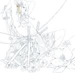  androgynous dutch_angle earrings flower hair_flower hair_ornament japanese_clothes jewelry katana lineart long_hair male monochrome motune mouth_hold original seigaiha solo spot_color sword unmoving_pattern weapon white_background work_in_progress 