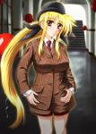  blonde_hair blush bow breasts diesel-turbo fate_testarossa hair_bow hat large_breasts long_hair long_sleeves lyrical_nanoha mahou_shoujo_lyrical_nanoha_strikers mizuki_nana necktie parody red_eyes seiyuu_connection smile solo 