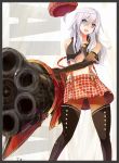  alisa_ilinichina_amiella black_legwear blue_eyes boots border character_name elbow_gloves gatling_gun gloves god_eater god_eater_burst gun hat hat_removed headwear_removed huge_weapon jojofon long_hair midriff motion_blur navel off_shoulder open_mouth panties pantyhose pantyshot_(standing) signature silver_hair skirt solo suspenders thigh-highs thigh_boots thighhighs underwear weapon white_panties zettai_ryouiki 