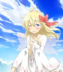  1girl blonde_hair blue_eyes blue_sky blush bow clouds dress hair_bow hat hat_removed headwear_removed lily_white long_hair nobamo_pieruda open_mouth sky solo sweat touhou white_dress wings wink 