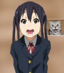  black_hair brown_eyes cat derivative_work k-on! looking_at_viewer nakano_azusa open_mouth photo reference_photo school_uniform solo teeth tongue twintails watanore 