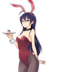  :&lt; ahoge amado_(shin) animal_ears black_hair black_legwear blush breasts bunny_ears bunny_tail bunnysuit cake choker chuunibyou_demo_koi_ga_shitai! collar fake_animal_ears food holding leotard long_hair pantyhose rabbit_ears red_eyes simple_background solo tail takanashi_touka tray white_background wrist_cuffs 