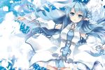  asuna_(sao) asuna_(sao-alo) belt bird blue_eyes blue_hair ceru cloud clouds detached_sleeves dress legs long_hair pointy_ears sky sword_art_online thigh_gap thighhighs 