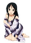  akiyama_mio bare_shoulders barefoot black_hair blush breasts cleavage feet grey_eyes highres hime_cut japanese_clothes k-on! kimono kneeling long_hair looking_at_viewer open_mouth partially_undressed ragho_no_erika simple_background solo tears white_background yukata 