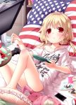  &gt;:&lt; :t american_flag barefoot bed blonde_hair blush candy clothes_writing controller digital_media_player food food_on_face futaba_anzu game_controller highres holding idolmaster idolmaster_cinderella_girls kago_no_tori long_hair looking_at_viewer lying on_back panties pantyshot pillow playstation_portable pocky red_eyes solo stuffed_animal stuffed_bunny stuffed_toy sweets twintails underwear upskirt 