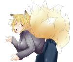  alternate_costume animal_ears bacho bent_over blonde_hair contemporary fox_ears fox_tail jeans jewelry long_sleeves looking_at_viewer multiple_tails open_mouth ribbed_sweater single_earring solo sweater tail touhou yakumo_ran yellow_eyes 